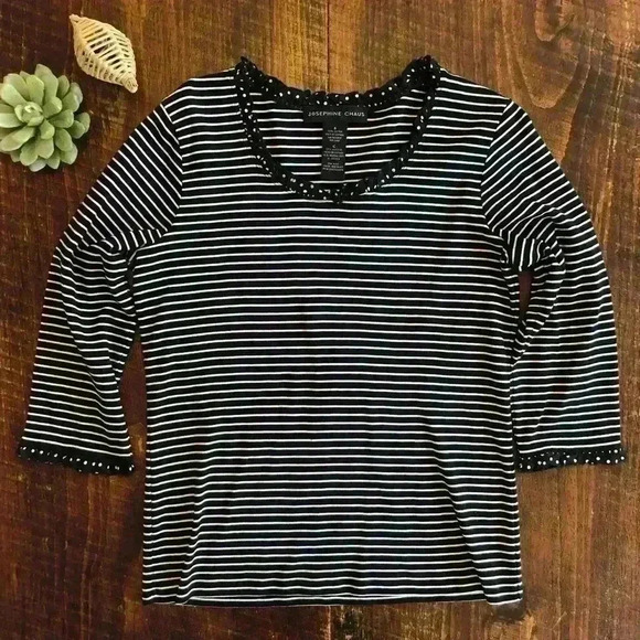 Josephine Chaus | Black & White Striped Top w/Polka Dot Ruffle at Neck & Cuff - Picture 1 of 3